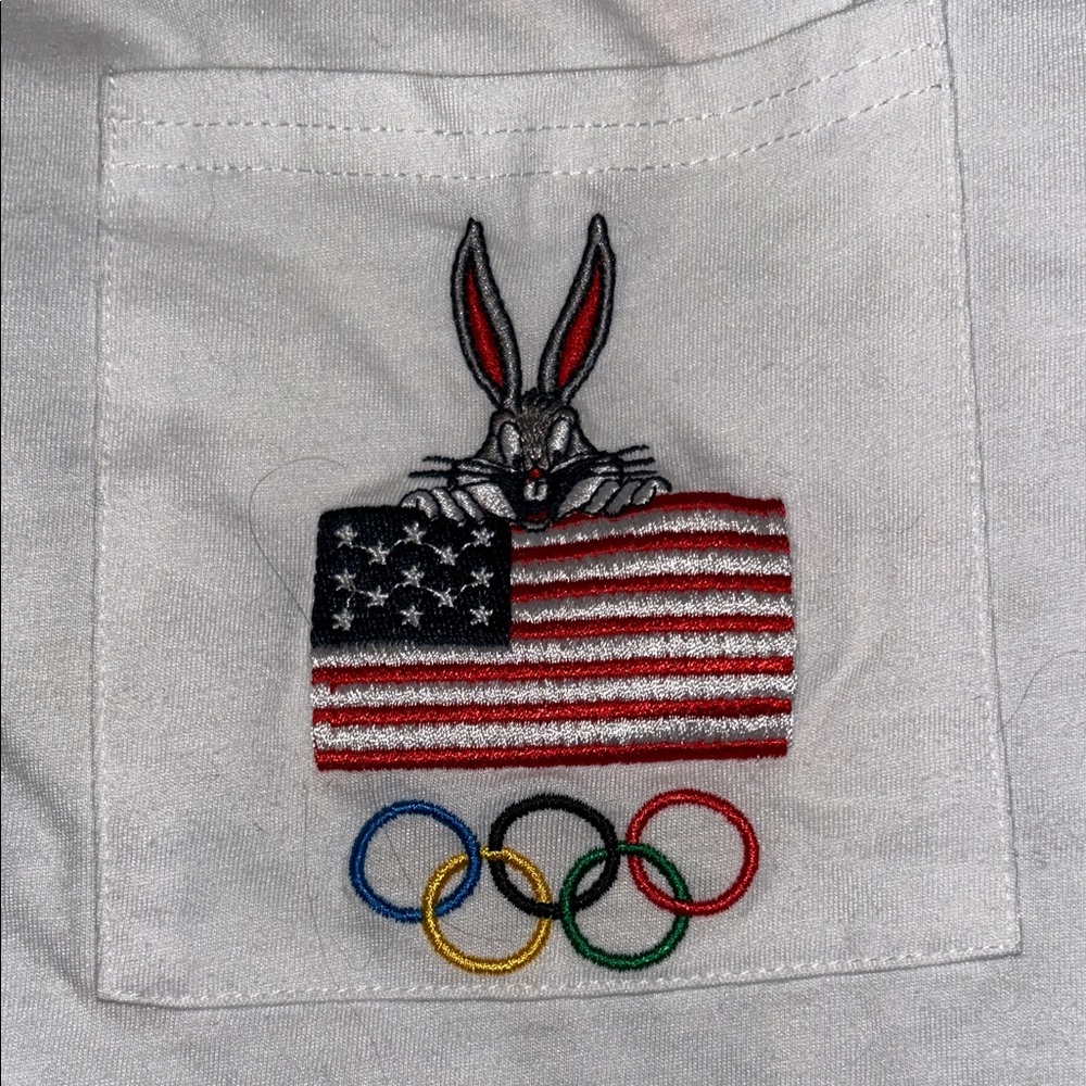 Women’s White Tee with Embroidered USA Flag and Olympic Rings - Picture 4 of 6